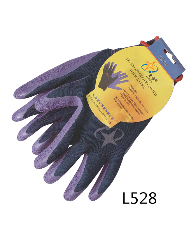 L528 十三针彩涤纶乳胶皱纹手套（吊卡）